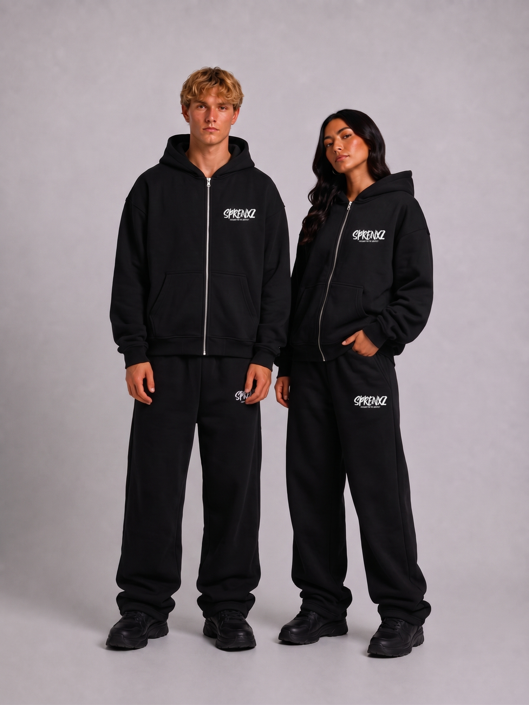 Zwart/wit oversized tracksuit gedragen door modellen - voorkant