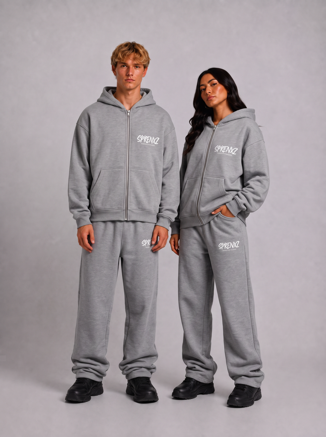 Grijs/wit oversized tracksuit gedragen door modellen - voorkant
