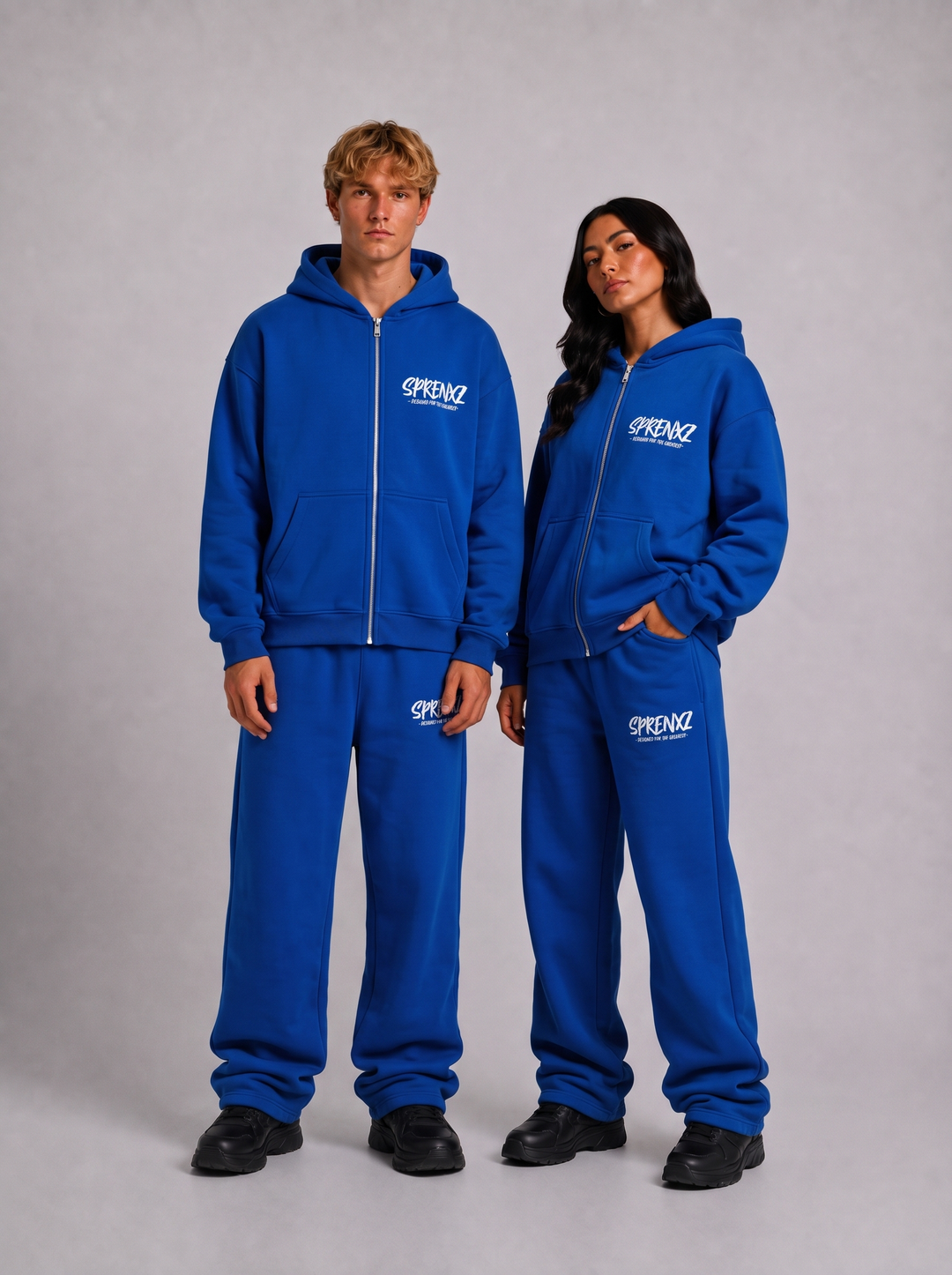 Blauw/wit oversized tracksuit gedragen door modellen - voorkant