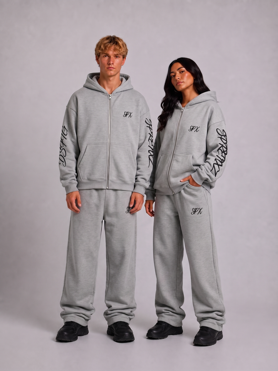 SPX 27 grijs/wit oversized tracksuit gedragen door modellen - voorkant