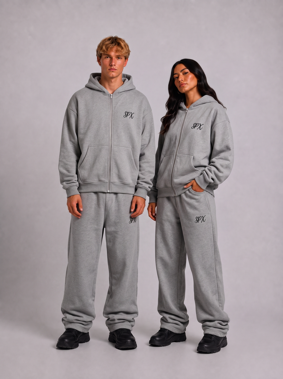 SPX grijs/wit oversized tracksuit gedragen door modellen - voorkant