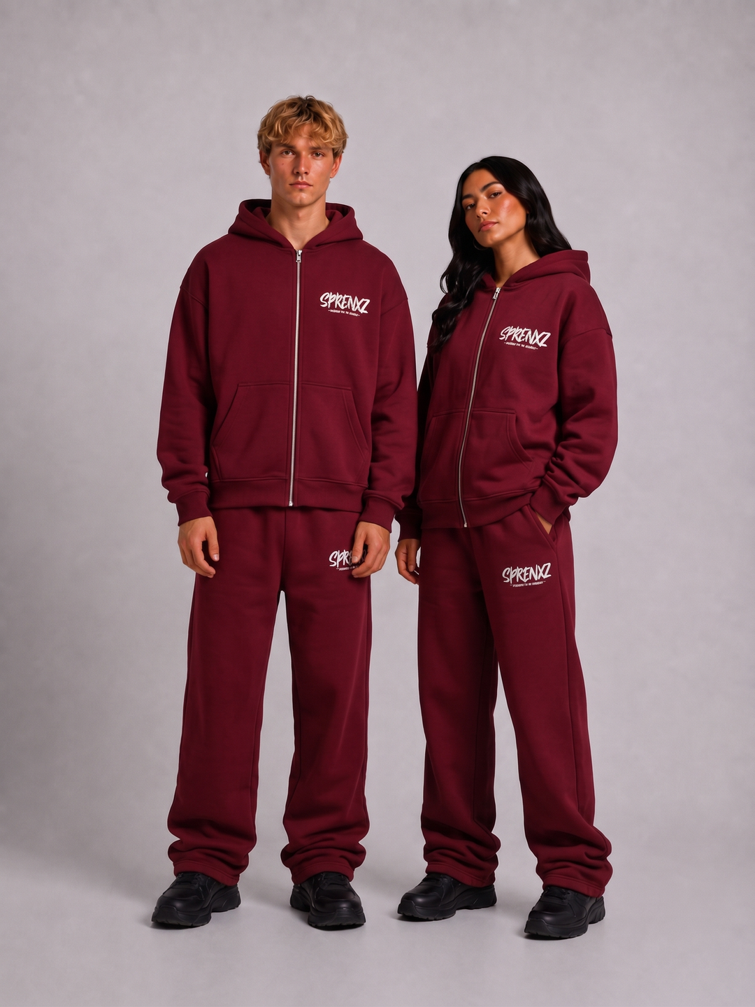 Bordeaux red oversized tracksuit gedragen door modellen - voorkant
