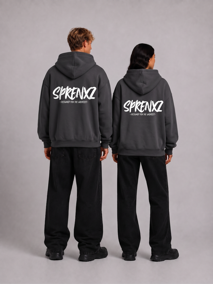 Dark grey zip-up hoodie gedragen door modellen - achterkant