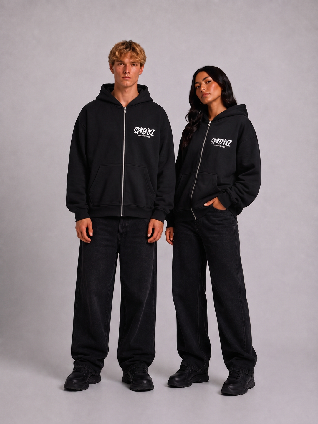 Zwarte zip-up hoodie gedragen door modellen - voorkant