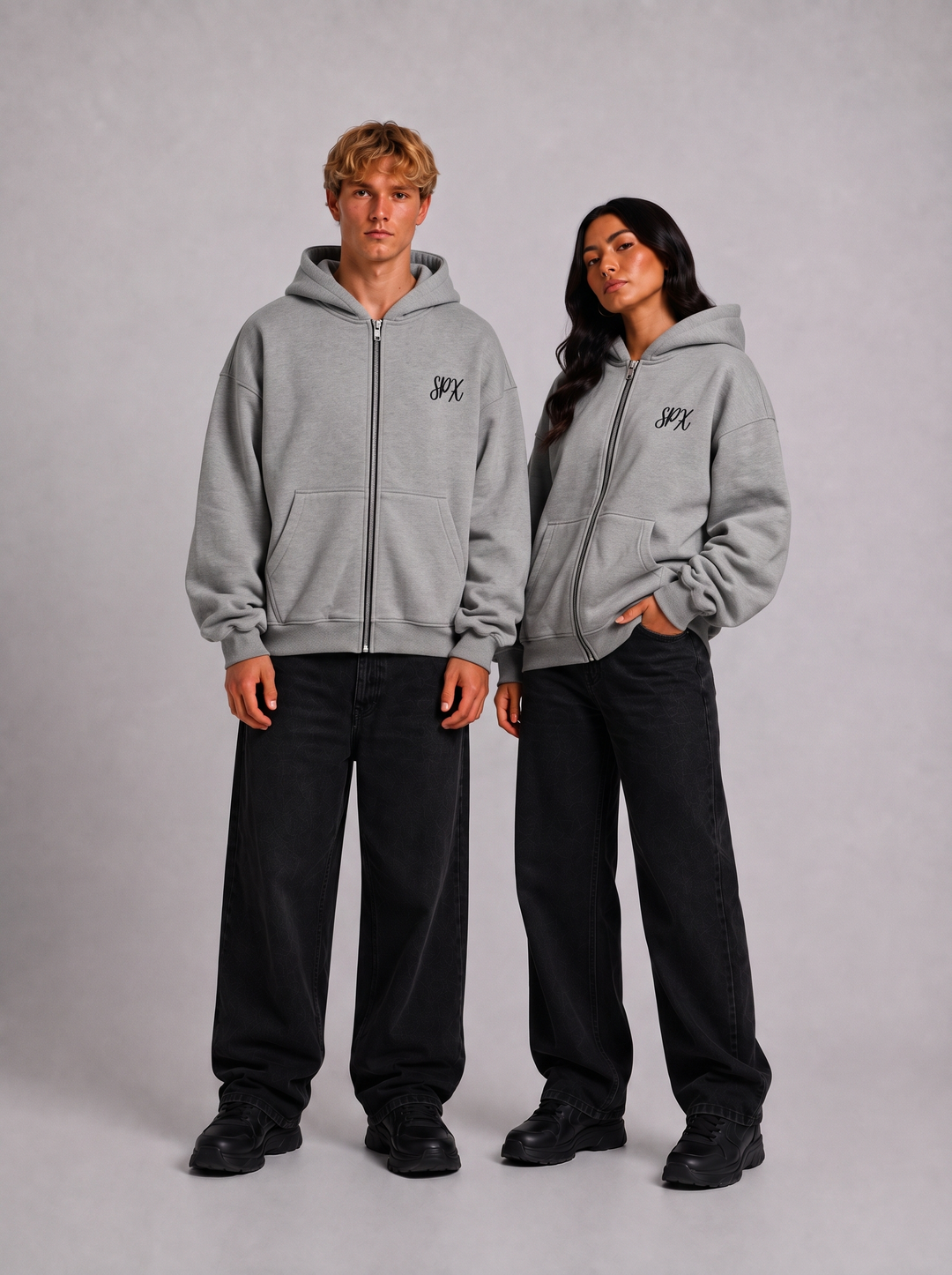 SPX zip-up hoodie grijs gedragen door modellen - voorkant