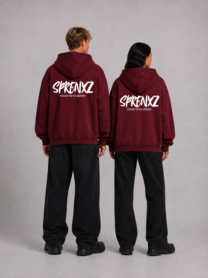 Bordeaux red zip-up hoodie gedragen door modellen - achterkant