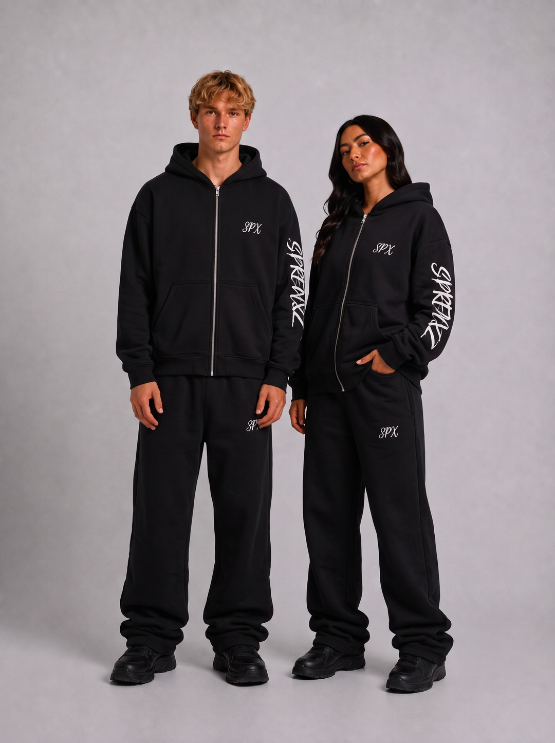 SPX 27 zwart/wit oversized tracksuit gedragen door modellen - voorkant