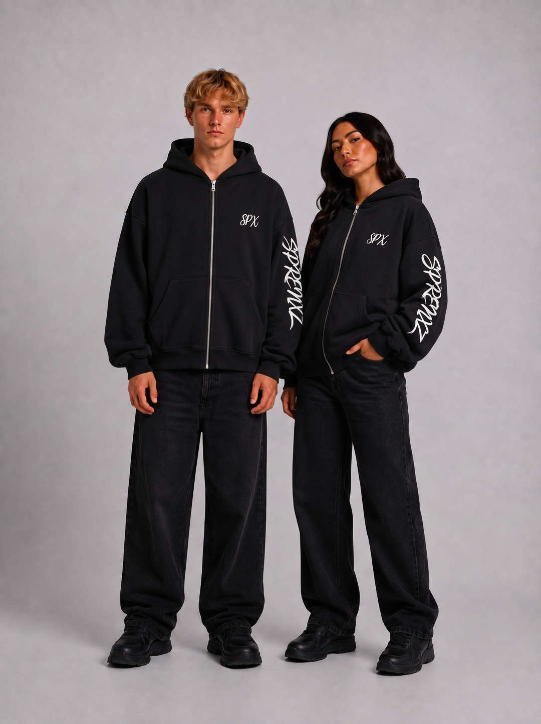 27 black zip-up hoodie gedragen door modellen - voorkant