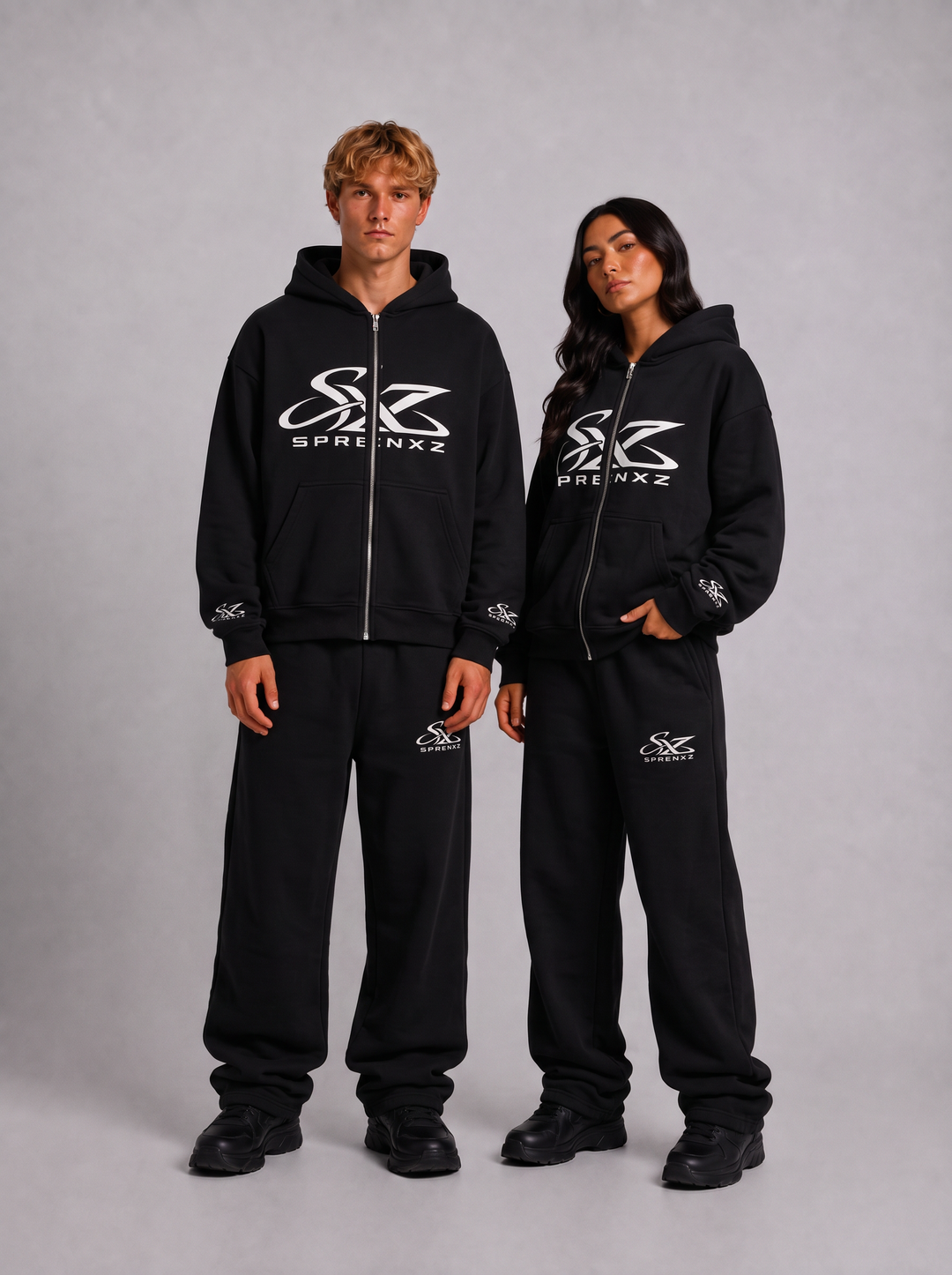 Sprenxz Collective tracksuit zwart/wit gedragen door modellen - voorkant