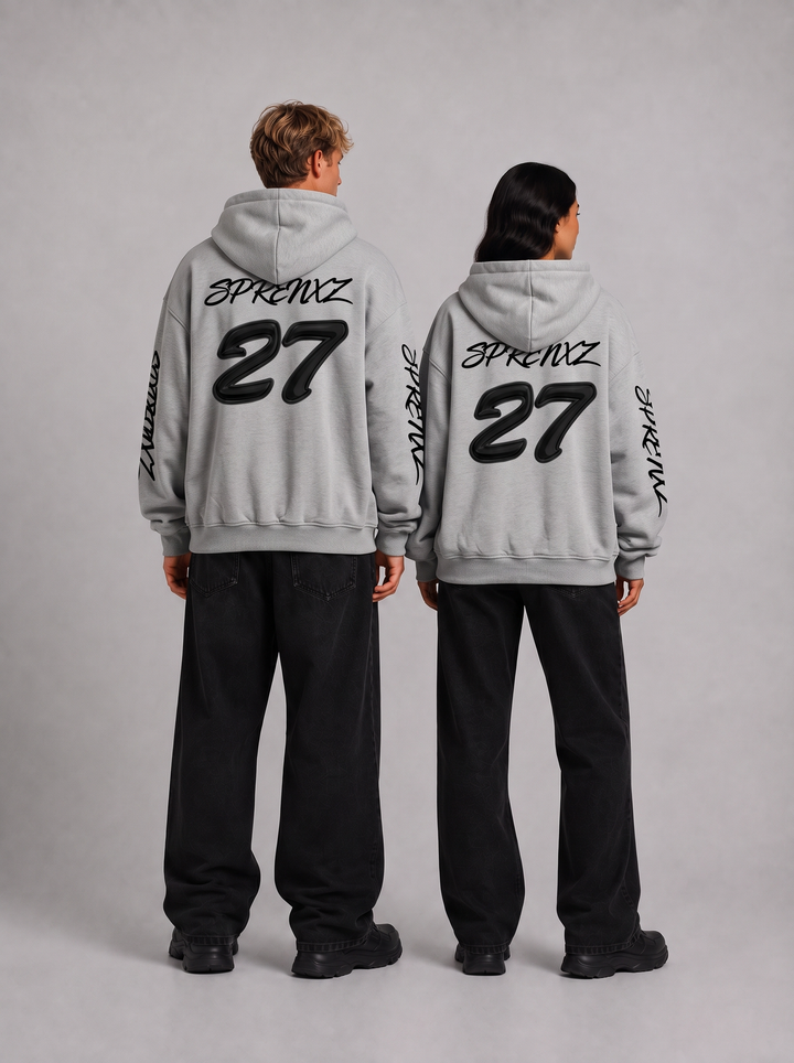 27 zip-up hoodie grijs gedragen door modellen - achterkant