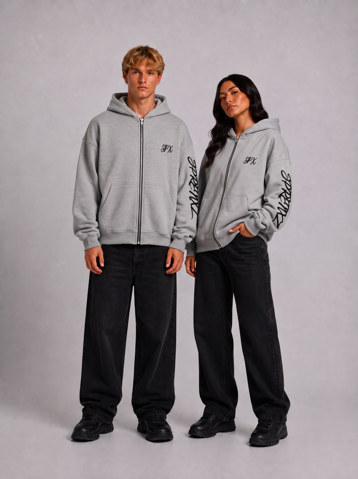 27 zip-up hoodie grijs gedragen door modellen - voorkant