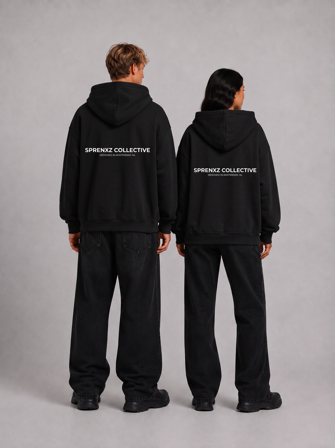 Sprenxz Collective zip-up hoodie gedragen door modellen - achterkant
